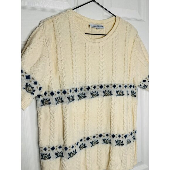 Vintage Y2K 90s Cotton Forever Yellow Short Sleeve Cable Knit Sweater Blue Flora - Picture 2 of 5